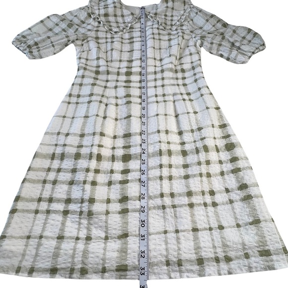 lena Mini Dress Ruffle Collar Short Puff Sleeve Preppy Plaid Green White Small S - Picture 10 of 16